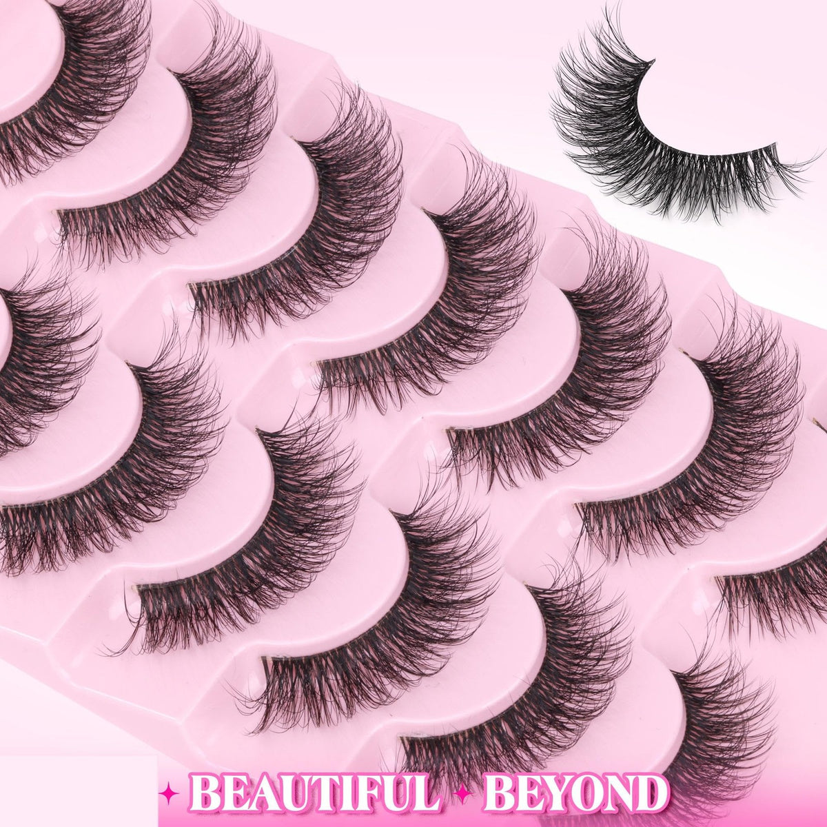 Wispy Faux Mink False Eyelashes with Clear Band - 7 Pairs, Black