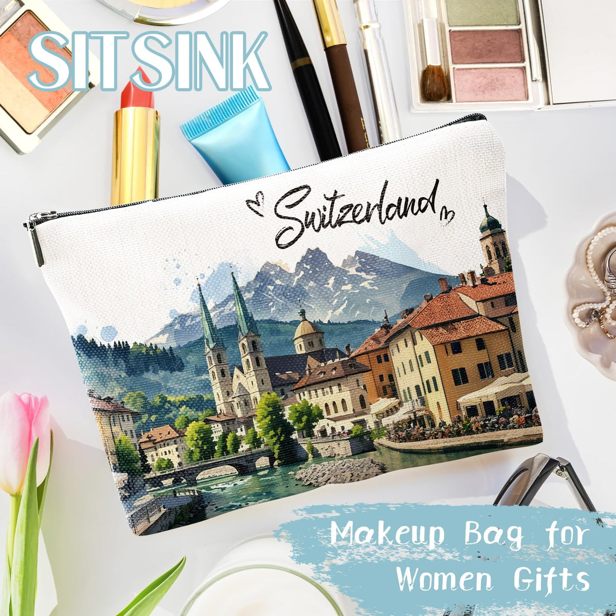 Switzerland Travel Souvenir Makeup Bag - Zurich Lausanne Swiss Alps Gift