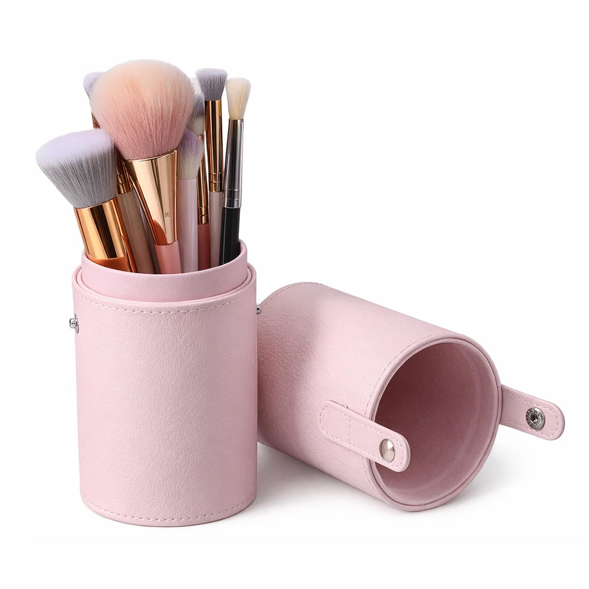 Pink Waterproof PU Leather Travel Makeup Brush Case with Dual Compartments