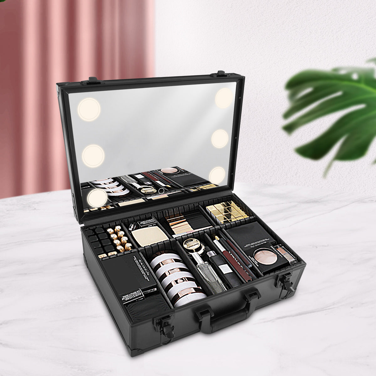 LED Lighted Makeup Bag with Mirror Travel Cosmetic Case Organizer Black