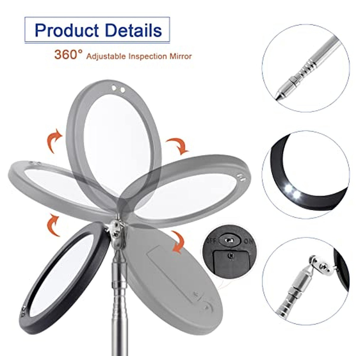 LED Inspection Mirror Telescoping with 3.75-Inch Round Mirror & Light