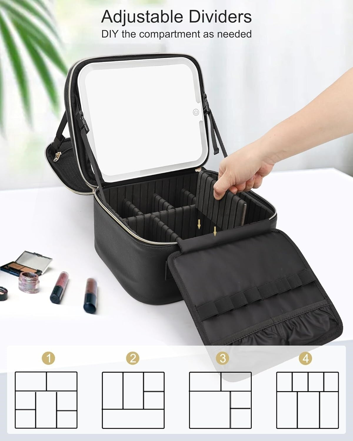 Travel Makeup Case with LED Mirror, Adjustable Compartments, Portable Organizer