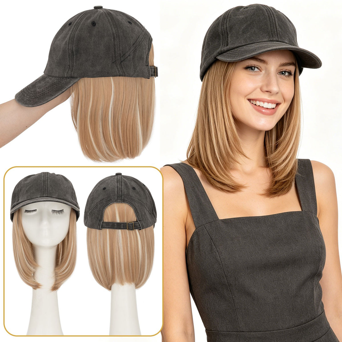 Women’s Baseball Cap Wig with Hair Attached - Short Synthetic Hairstyle