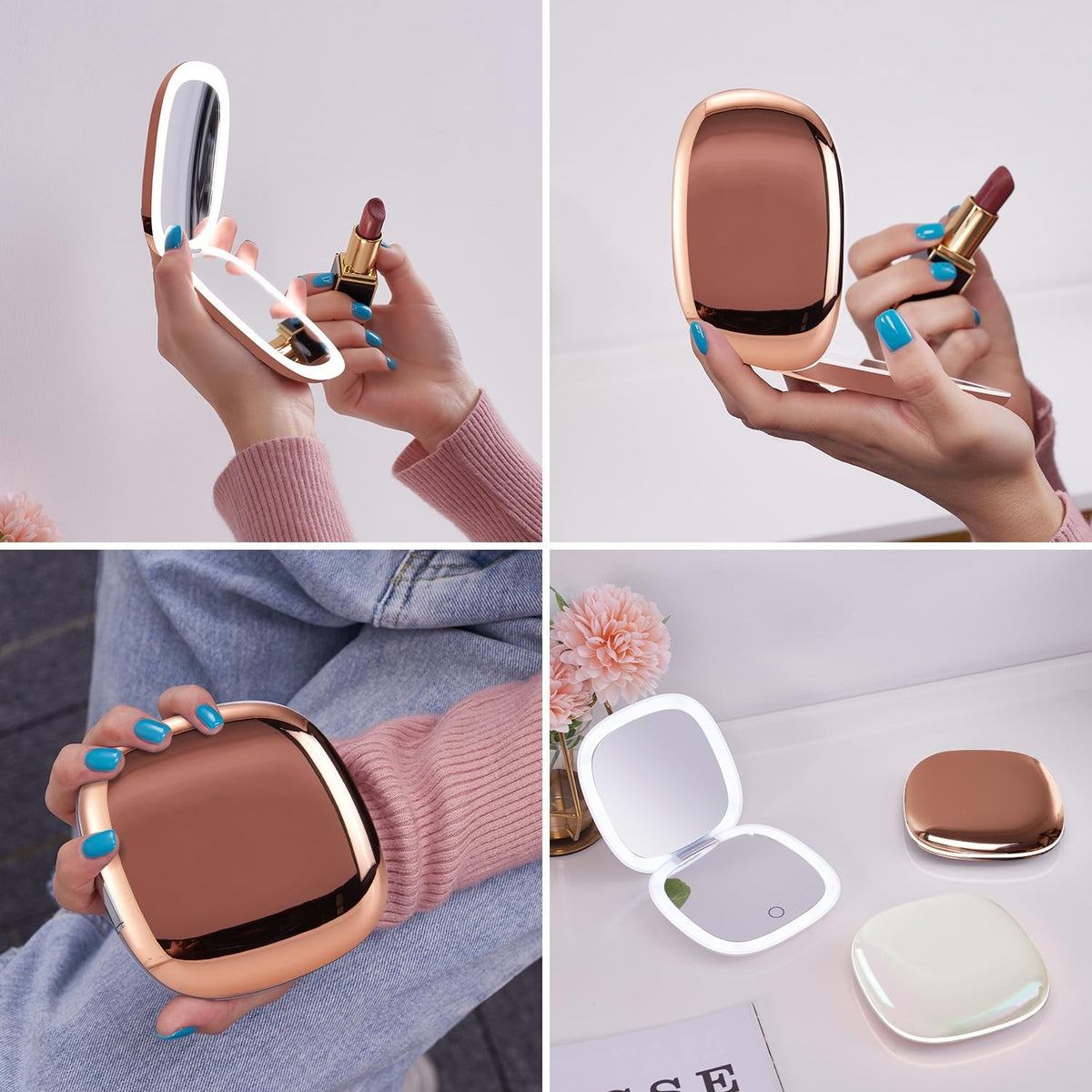 Rose Gold 4-Inch LED Travel Makeup Mirror with 1X/10X Magnification, Dimmable Light, USB Rechargeable