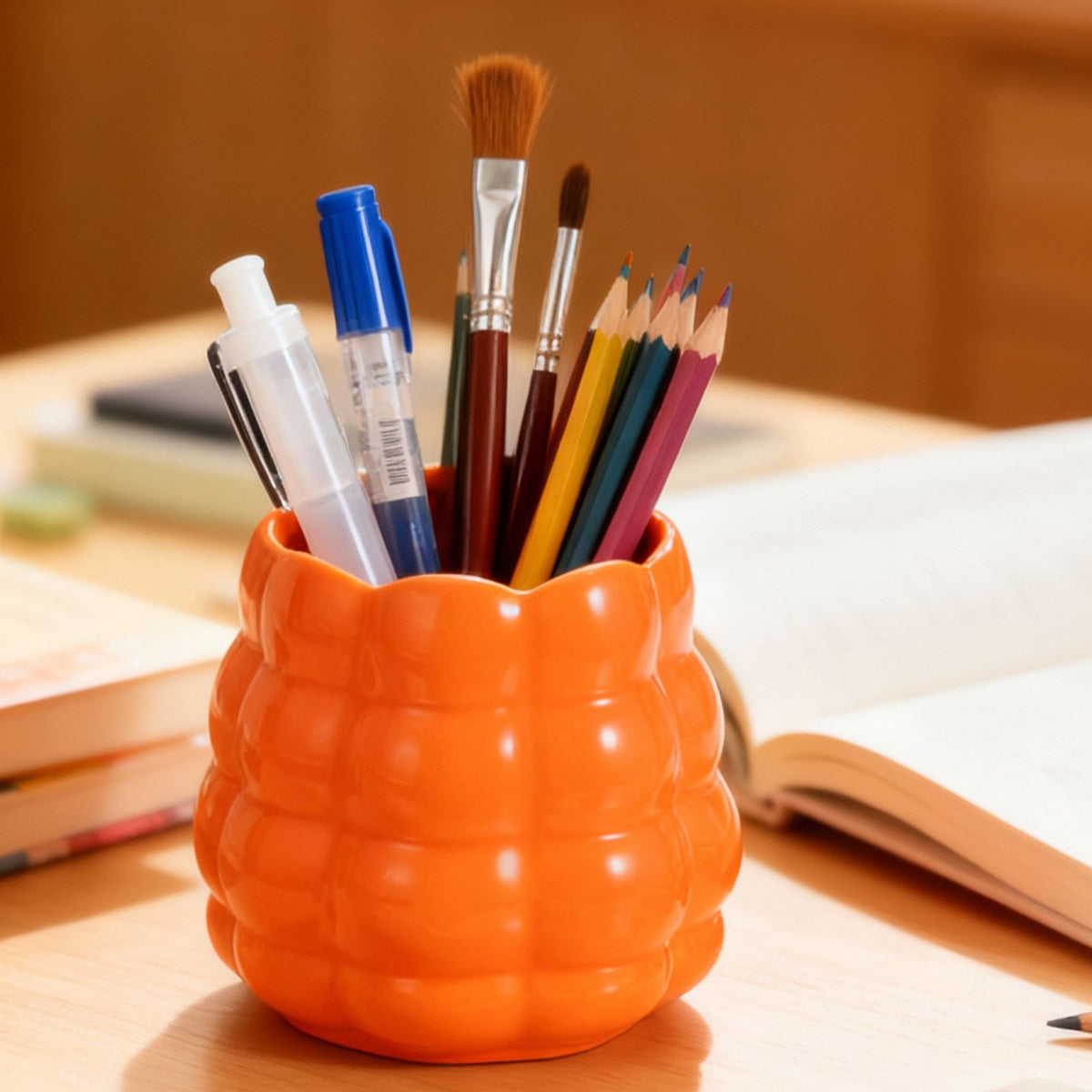 Ceramic Makeup Brush Holder - Round Desktop Pen and Cosmetic Organizer, White