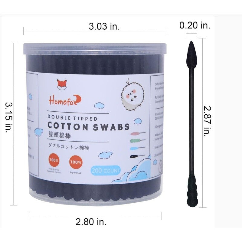 Organic Cotton Swabs with Spiral Tip - Lint-Free, Charcoal Infused, 200 Count