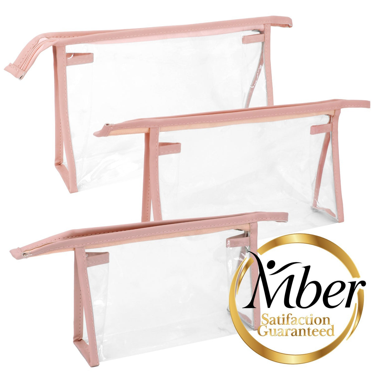 3-Pack TSA Approved Clear Travel Cosmetic Bags with Pink Trim