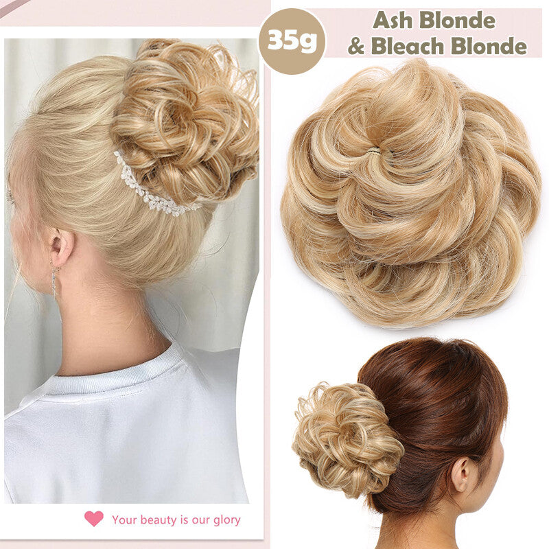 Natural Human Hair Messy Bun Ponytail Extensions with Curly Scrunchie Updo