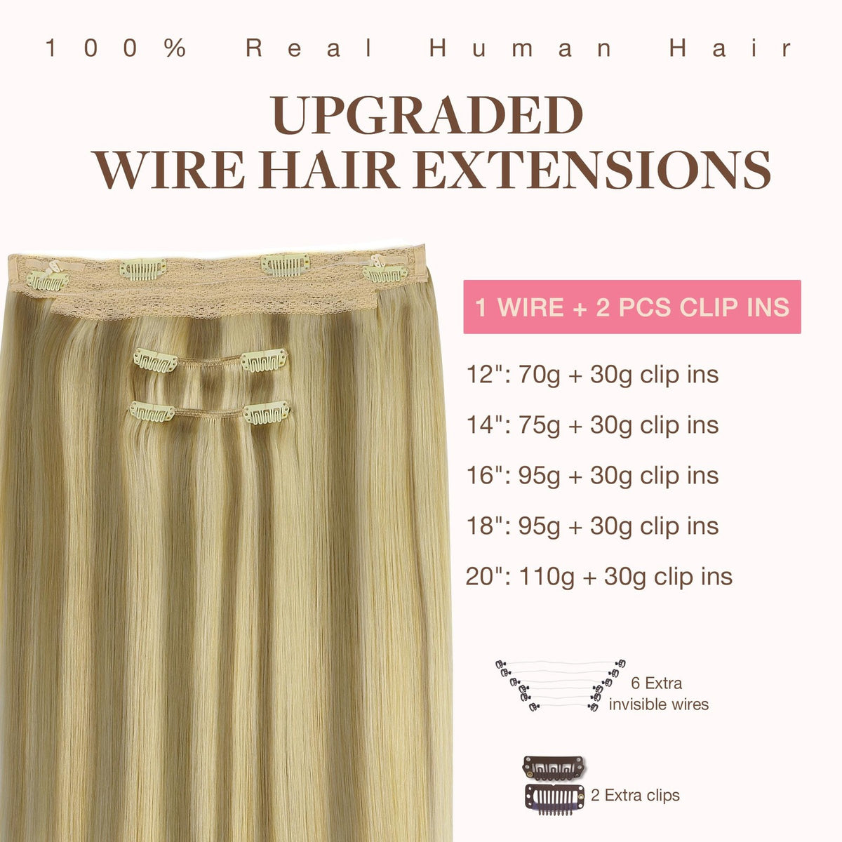 14 Inch Human Hair Extensions #16/22 - Full Remy Hair with Invisible Wire