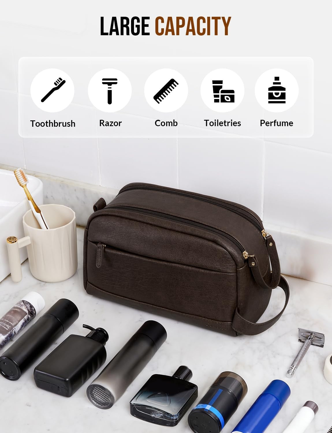 Men's PU Leather Water-Resistant Travel Toiletry Bag - Large Organizer