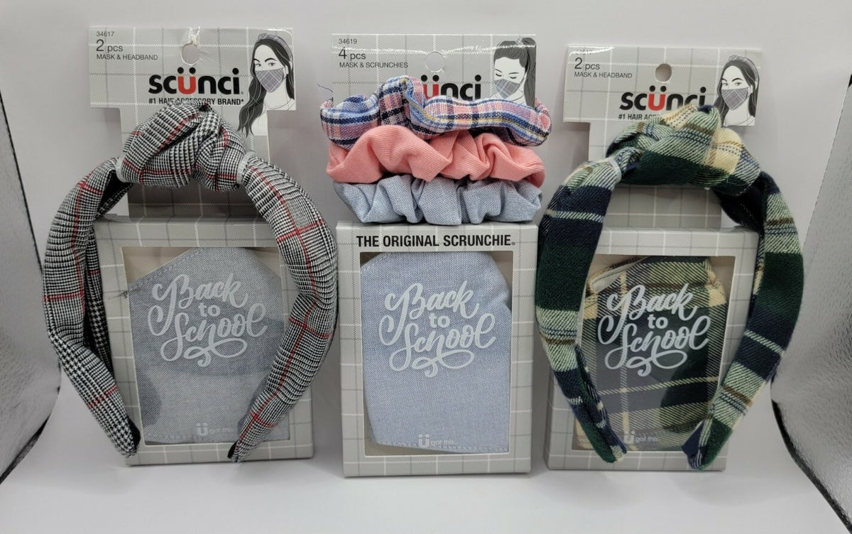 Lot of 3 - Scunci Mask and Scrunchies Headband Matching Set- Plaid