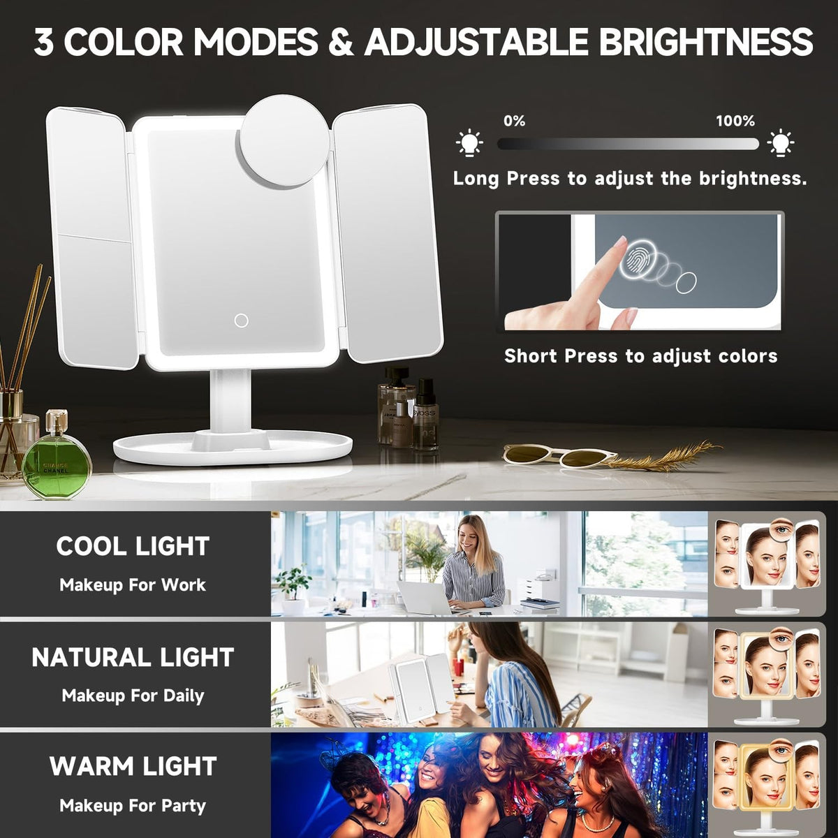 Magnifying Lighted Vanity Mirror 1X/3X/7X/20X with 3 Color Modes Rechargeable