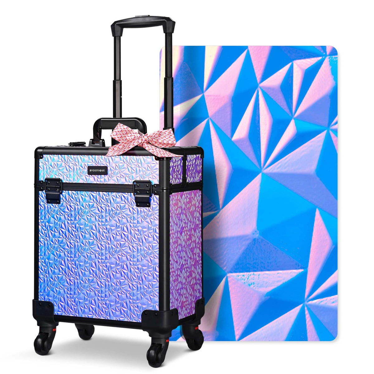Rolling Makeup Train Case with Extendable Trays - Aluminum Cosmetic Organizer