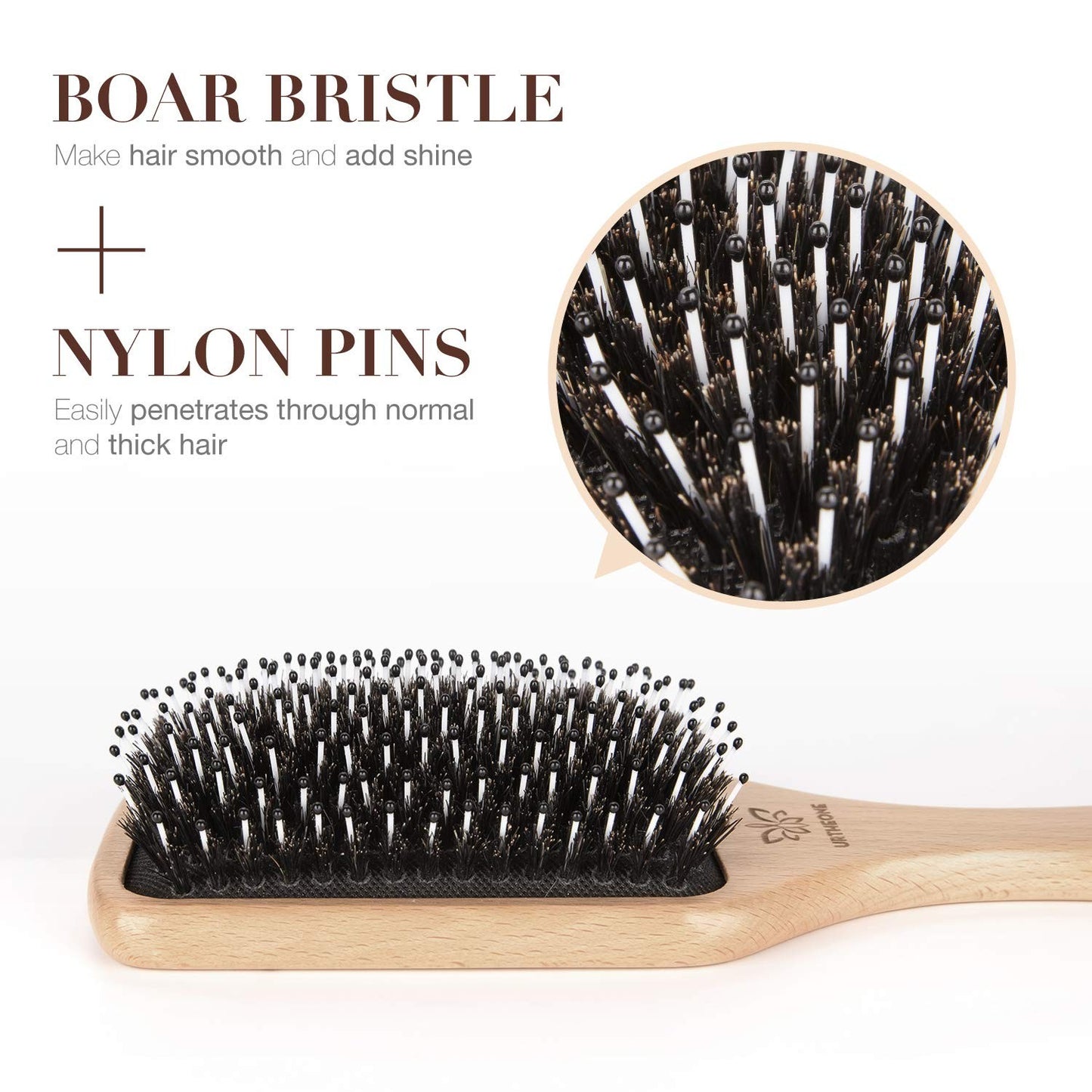 Boar Bristle Hair Brush for Thick Hair - Natural Wood Handle