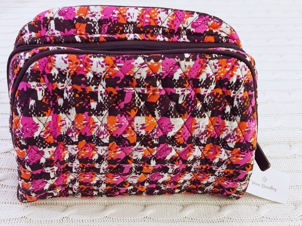 Large Zip Cosmetic Bag for Travel and Organization - Houndstooth Tweed Pattern