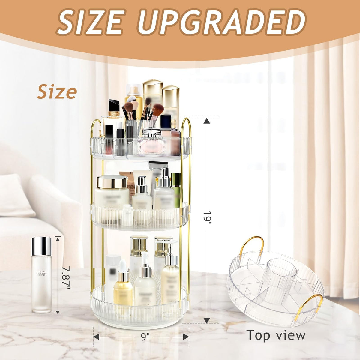 Rotating Makeup Organizer 3-Tier Acrylic Storage - 9 Inch Diameter