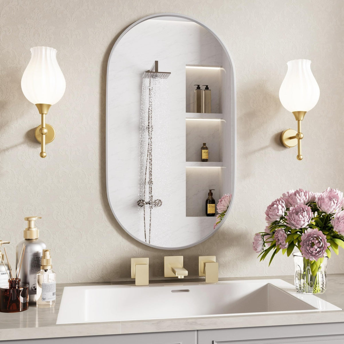 Oval Bathroom Mirror 20x28 Inch Silver Wall Mirror Modern Decor