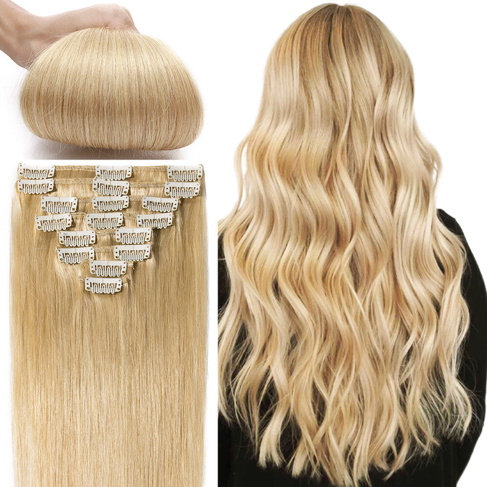 Clip-In Hair Extensions Full Head Set - Remy Human Hair, Multiple Colors & Lengths
