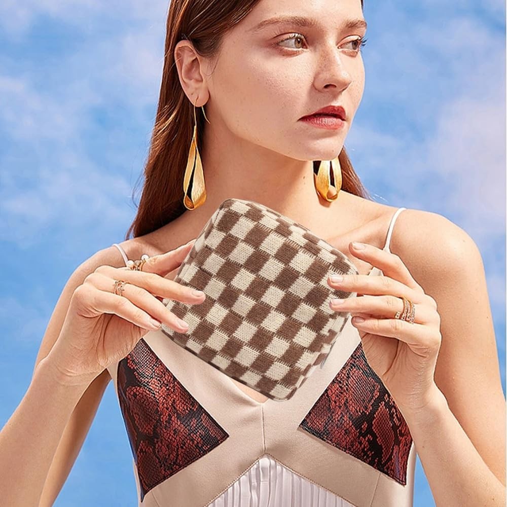 Mini Checkered Makeup Bag for Travel and Purse Storage - Cute Brown Cosmetic Pouch