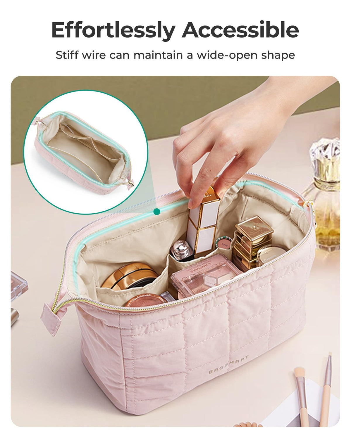 Travel Makeup Bag with Padded Pouch and Multiple Compartments - Sakura Pink