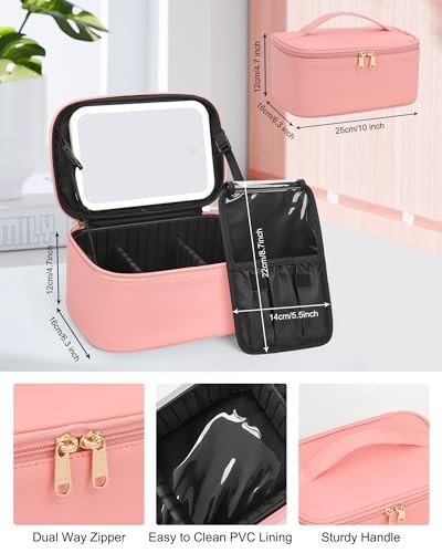 LED Makeup Bag with Light Up Mirror, Travel Cosmetic Organizer, Rechargeable
