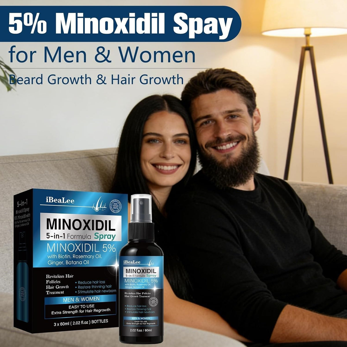 5% Minoxidil Hair Regrowth Spray for Men & Women - 3 Pack