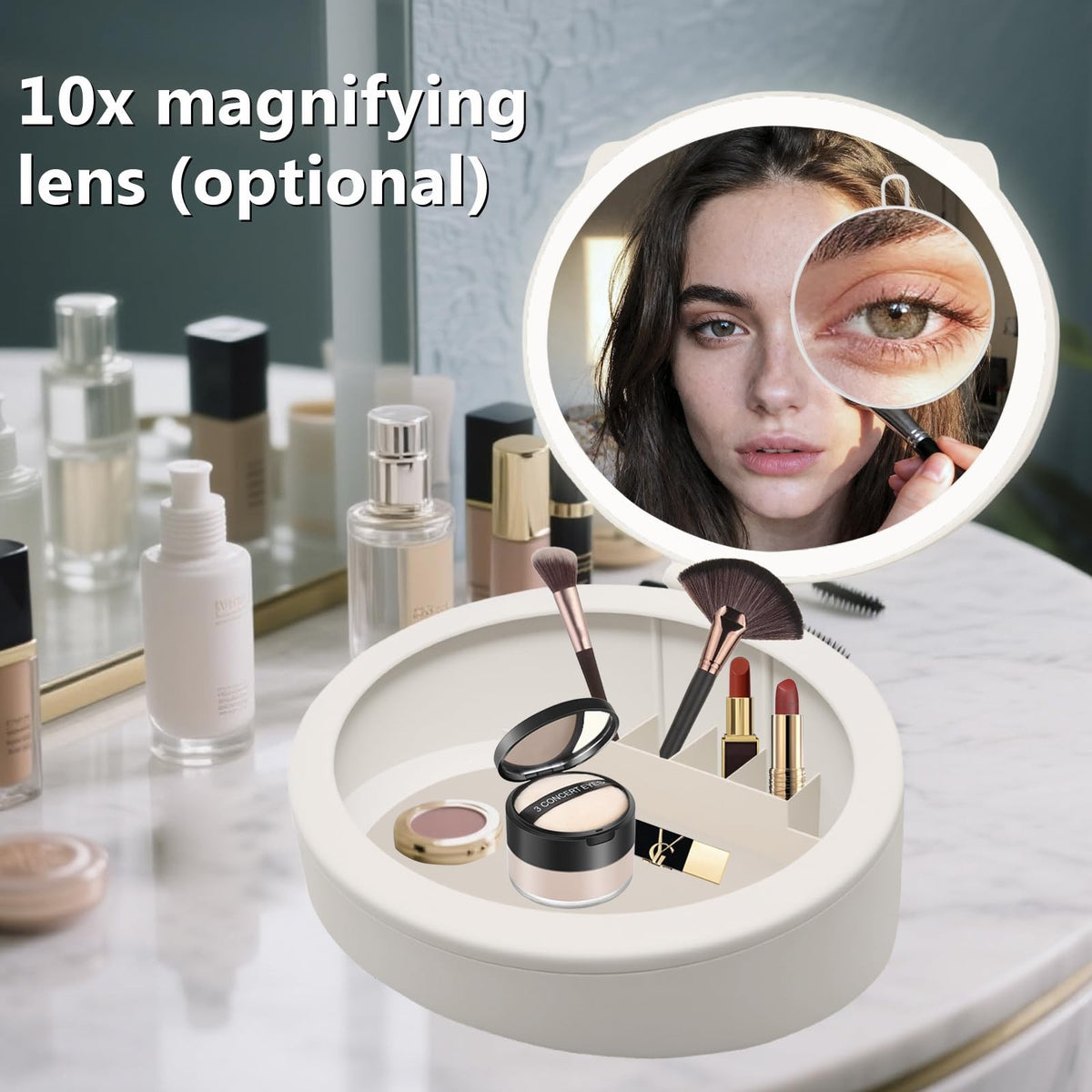 LED Makeup Mirror with Storage - 10X/1X Magnification, 66 LED Lights, Dimmable, USB Rechargeable, Portable Vanity Mirror
