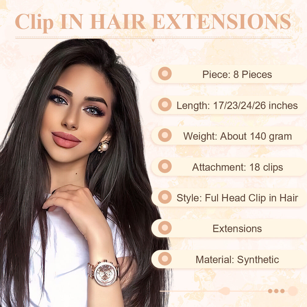 Clip-In Hair Extensions Full Head Ombre Highlight Synthetic Thick Hair 8-24 Inches