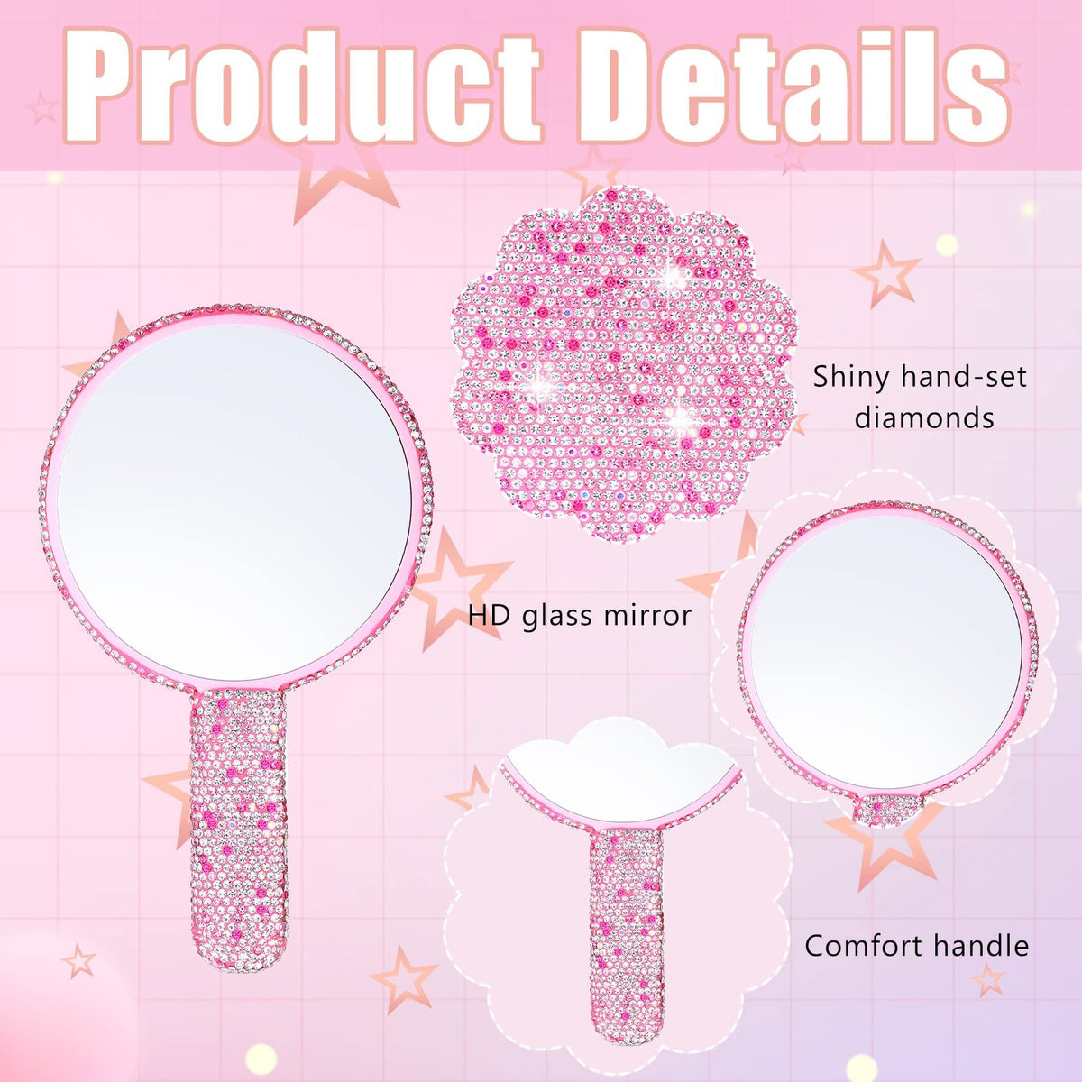 2-Piece Rhinestone Hand Mirror Set Pink White Bling Wedding Makeup Accessories
