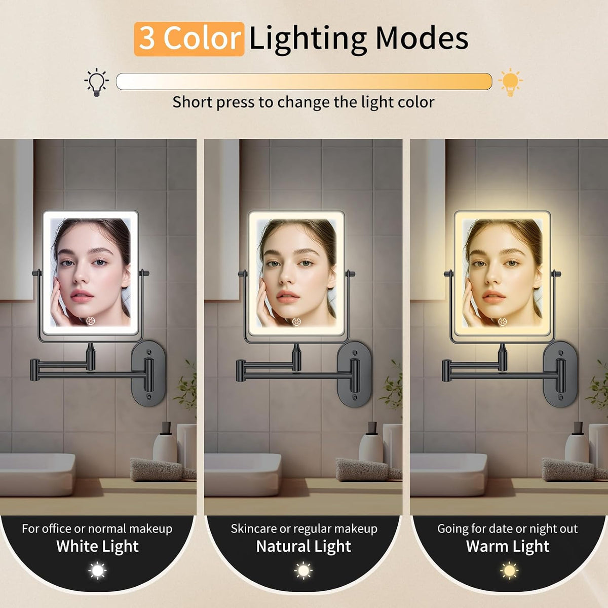 Rechargeable Wall Mounted Makeup Mirror with Lights and Magnification