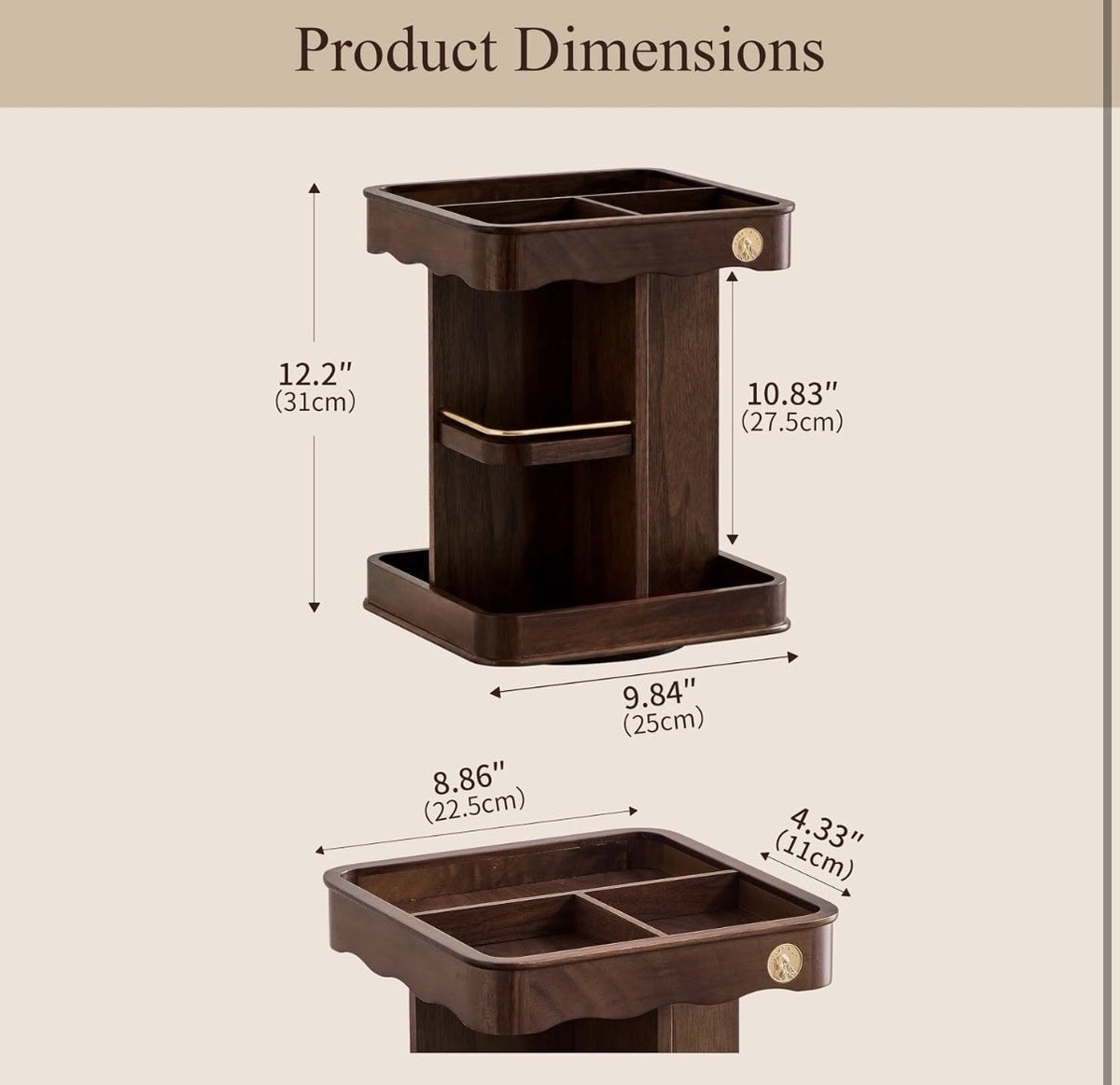 Wooden Rotating Cosmetic Organizer with Velvet Lining and Gold Accents