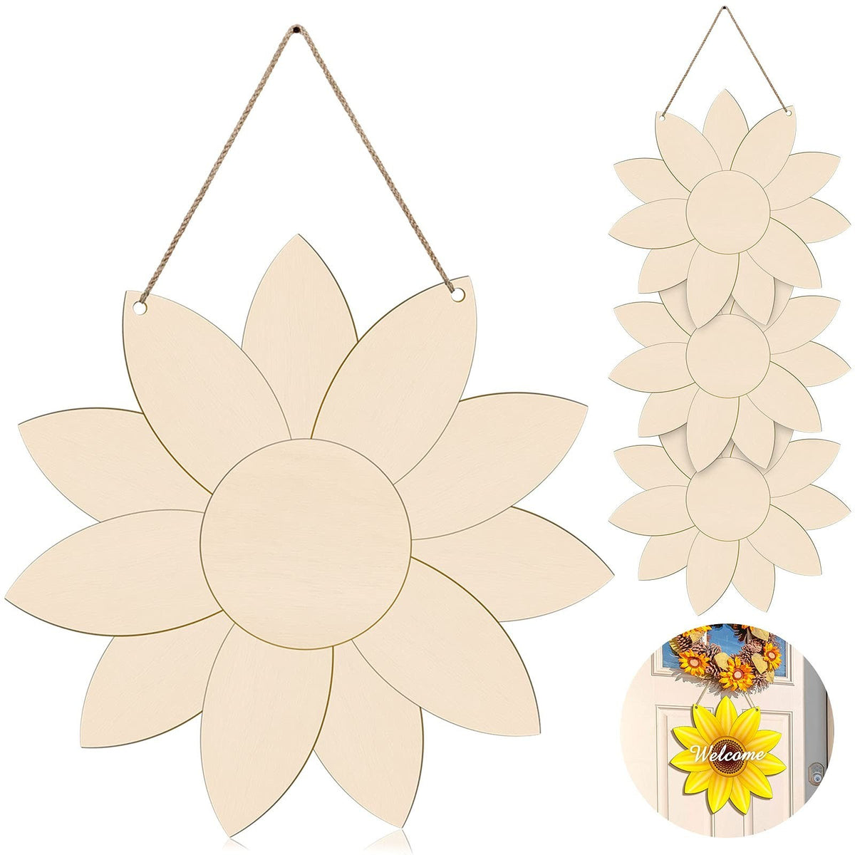 Unfinished Sunflower Wood Cutouts with Natural Rope - DIY Decor Sign Set