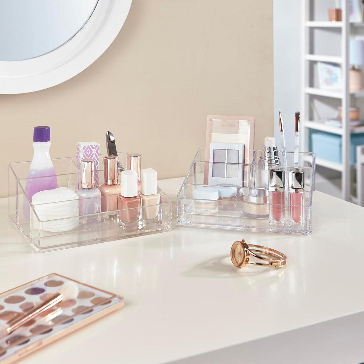 Clear Plastic Vanity Makeup Organizer with 4 Compartments - Compact Storage