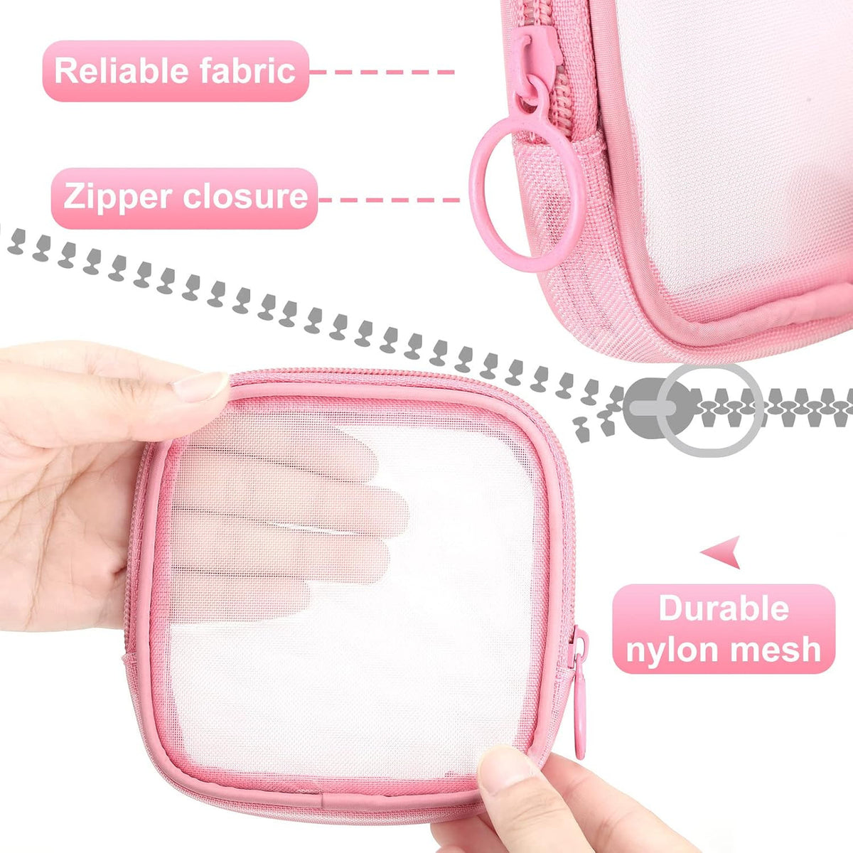 Small Mesh Makeup Bag - Transparent Travel Cosmetic Organizer, Pink