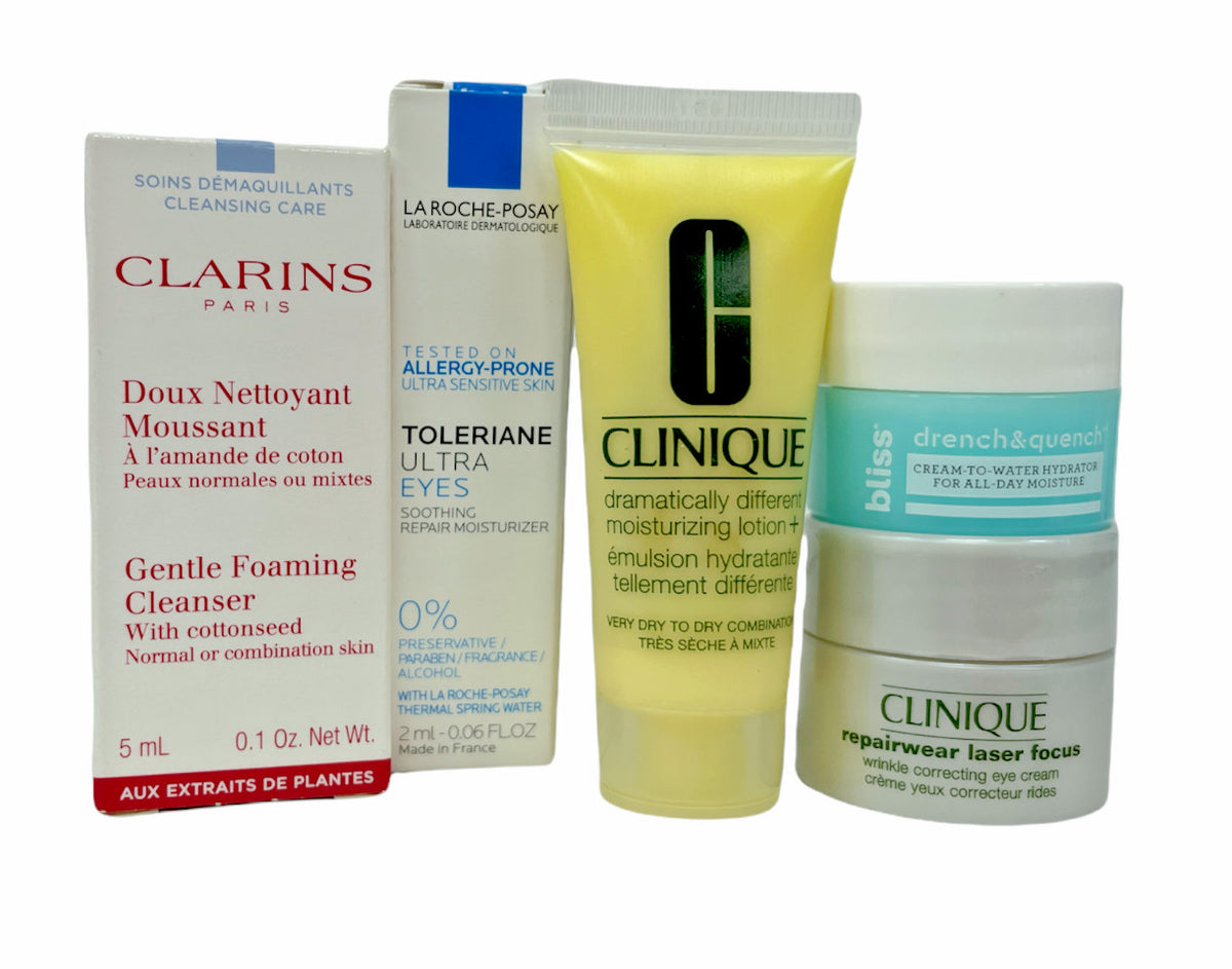 Skincare Sample Pack with Clinique, Clarins, Bliss - 2-15mL
