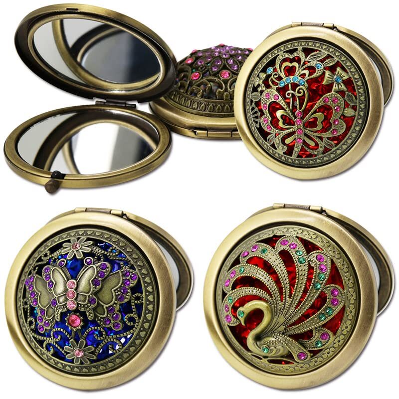 Vintage Foldable Travel Makeup Mirror Set - Double Sided Compact Bronze