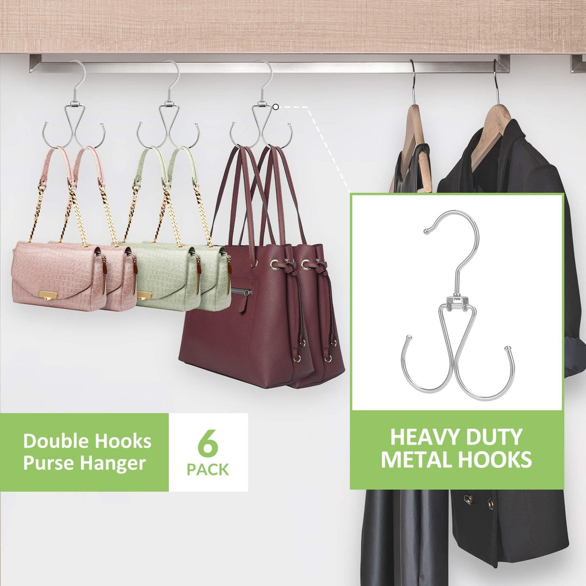 6 Pack Rotatable Purse Hooks for Closet Storage, Metal, Silver