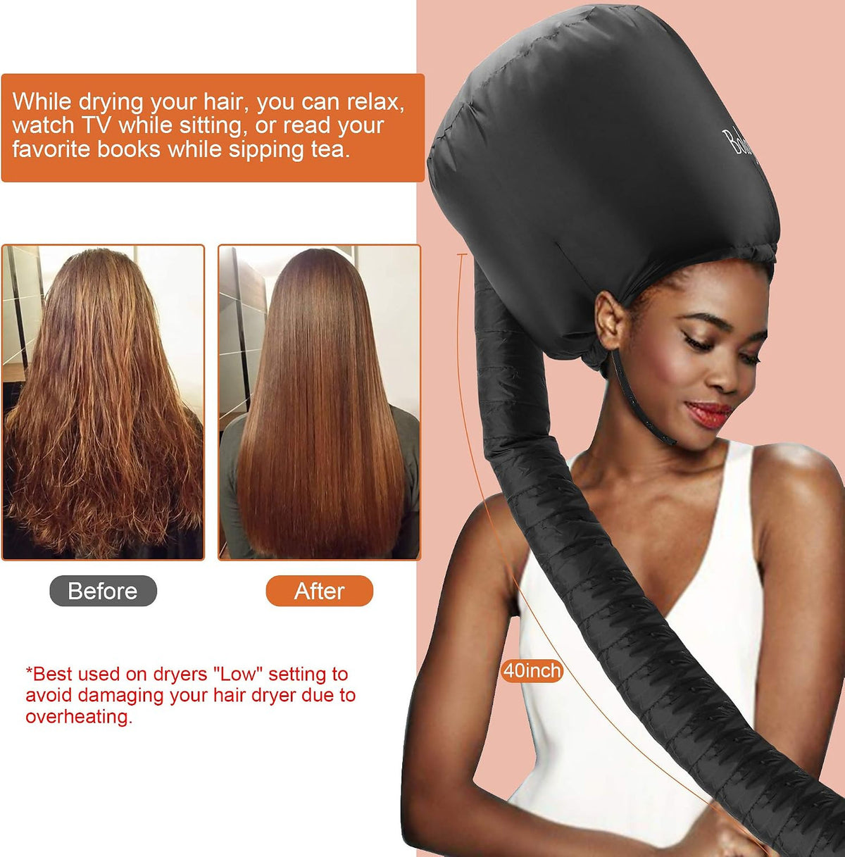 Hooded Hair Dryer Cap XL 28.5 Inch Universal Black for Thick Curly Hair