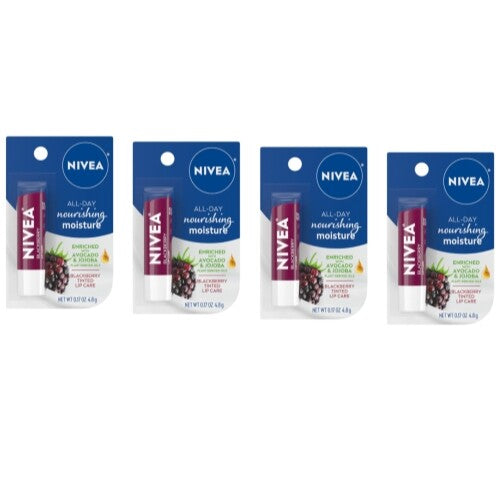 Nivea Blackberry Tinted Lip Balm Pack of 4 - Hydrating Lip Care with Shea & Jojoba