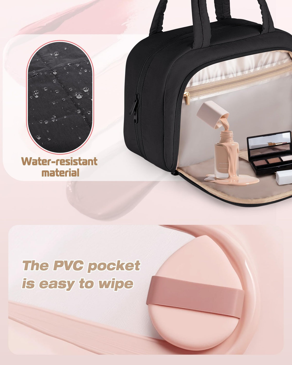 Travel Toiletry Bag with Hanging Hook Waterproof Puffy Cosmetic Organizer Black