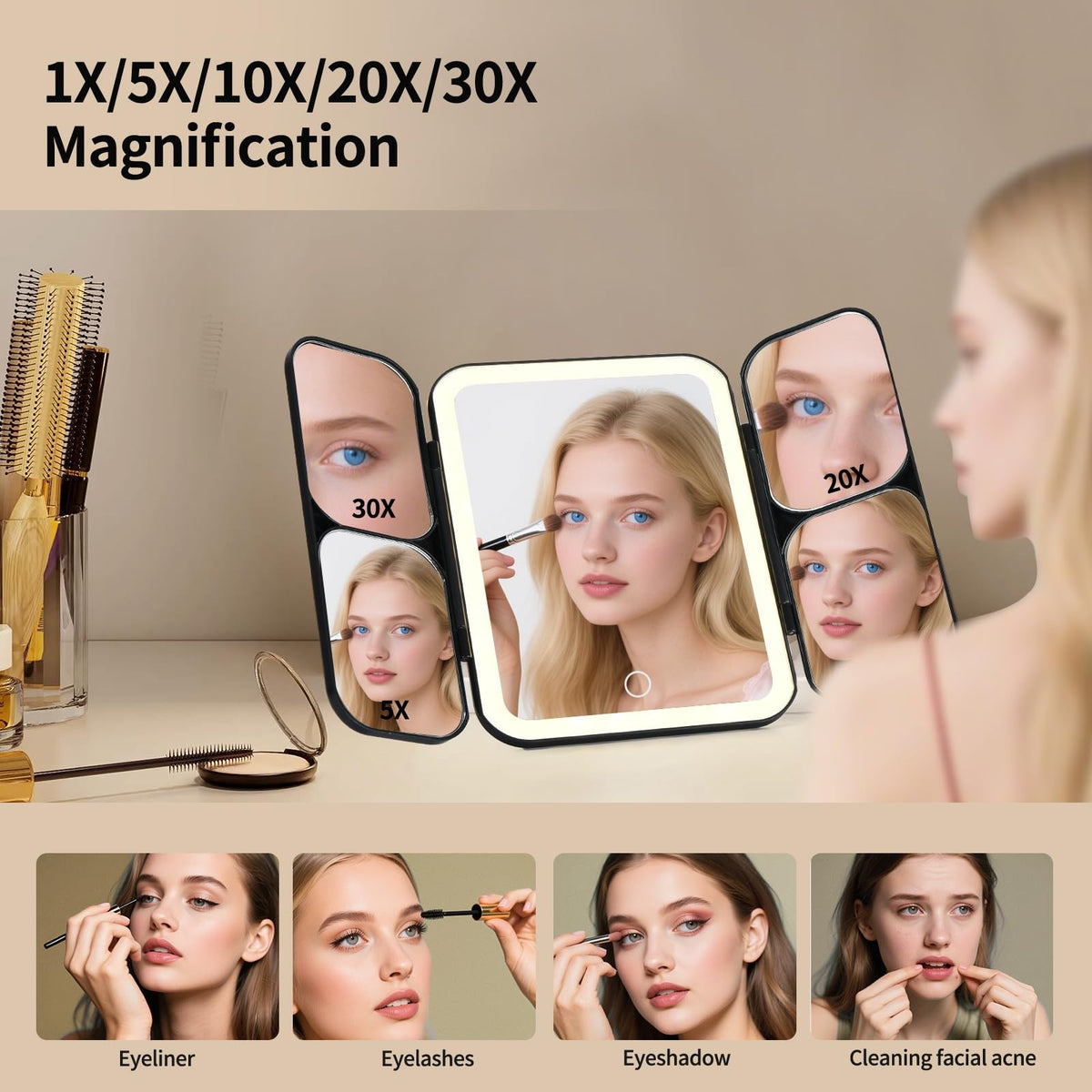 Rechargeable Travel Makeup Mirror with 5X-30X Magnification, Dimmable Light, Tri-Fold Design