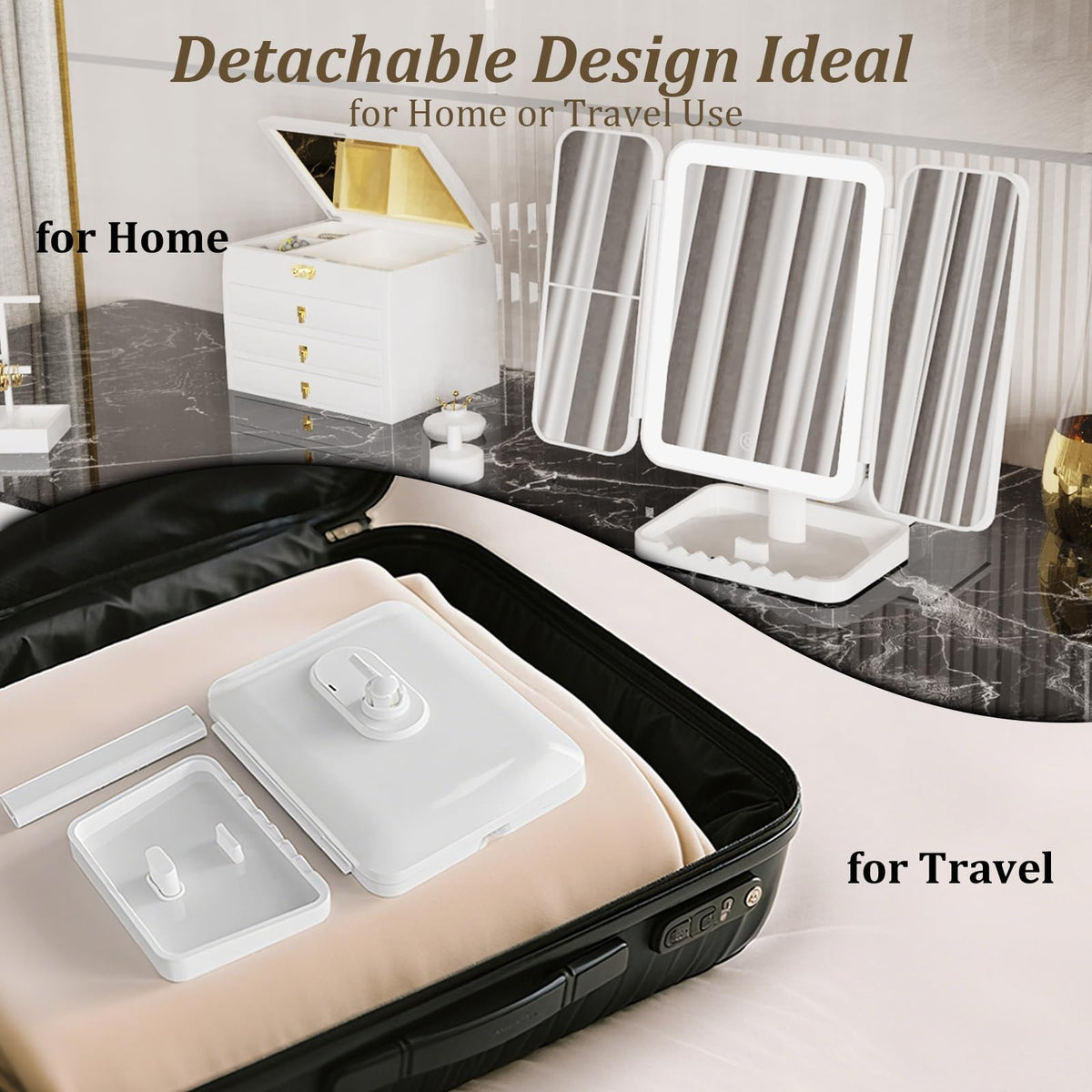 Rechargeable Tri-Fold LED Makeup Mirror with 3X Magnification & Lights