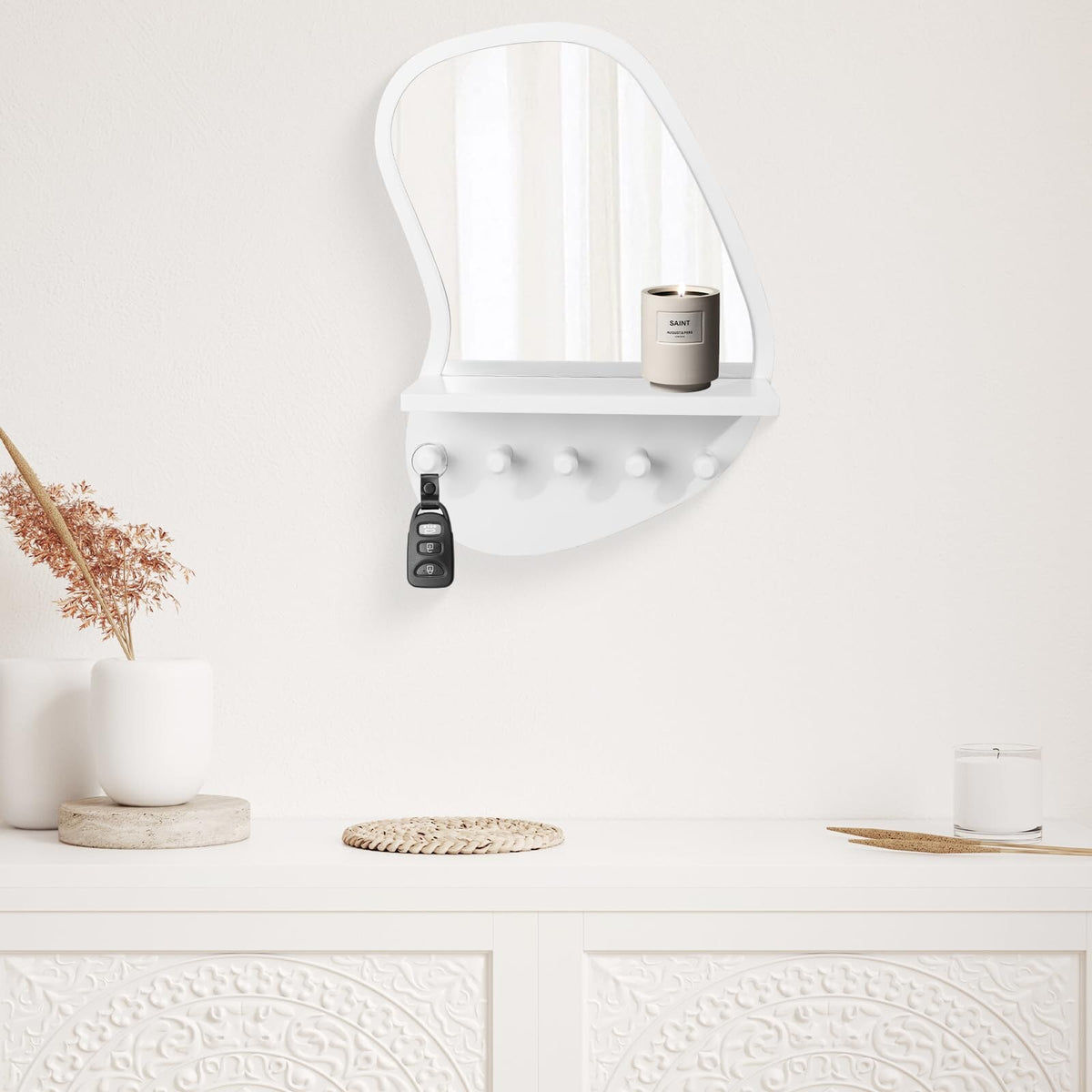 Wall Mount Wood Frame Irregular Mirror with Shelf & Hooks for Entryway, Bedroom, Living Room