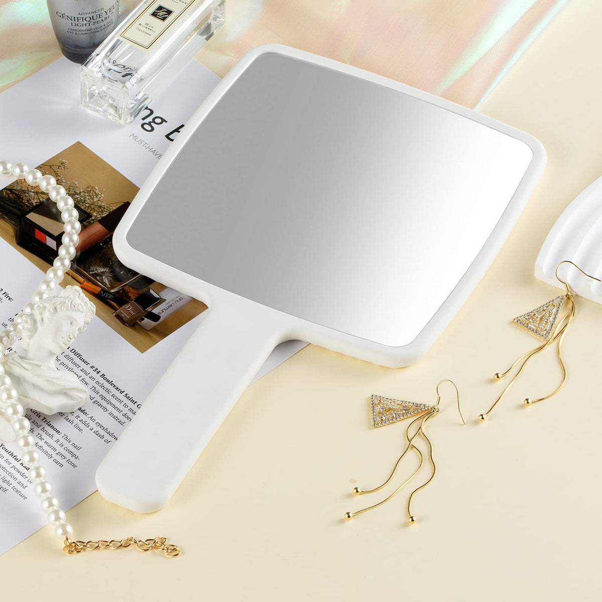 Portable White Handheld Mirror with Handle for Makeup & Shaving