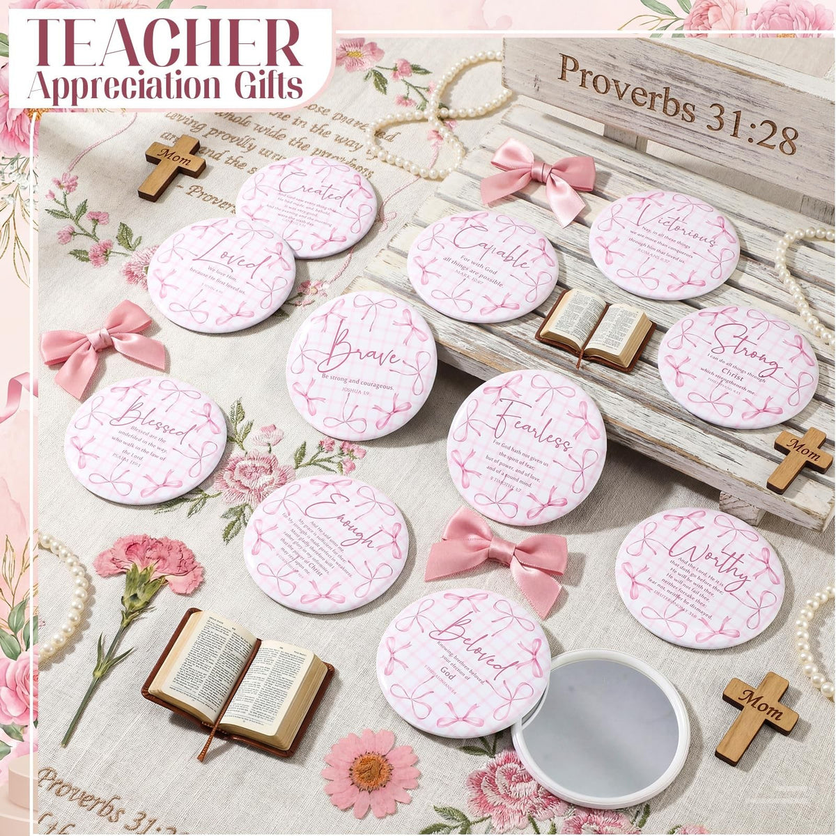 12 Pcs Christian Compact Mirrors for Women - Pink Bow Religious Gift Set