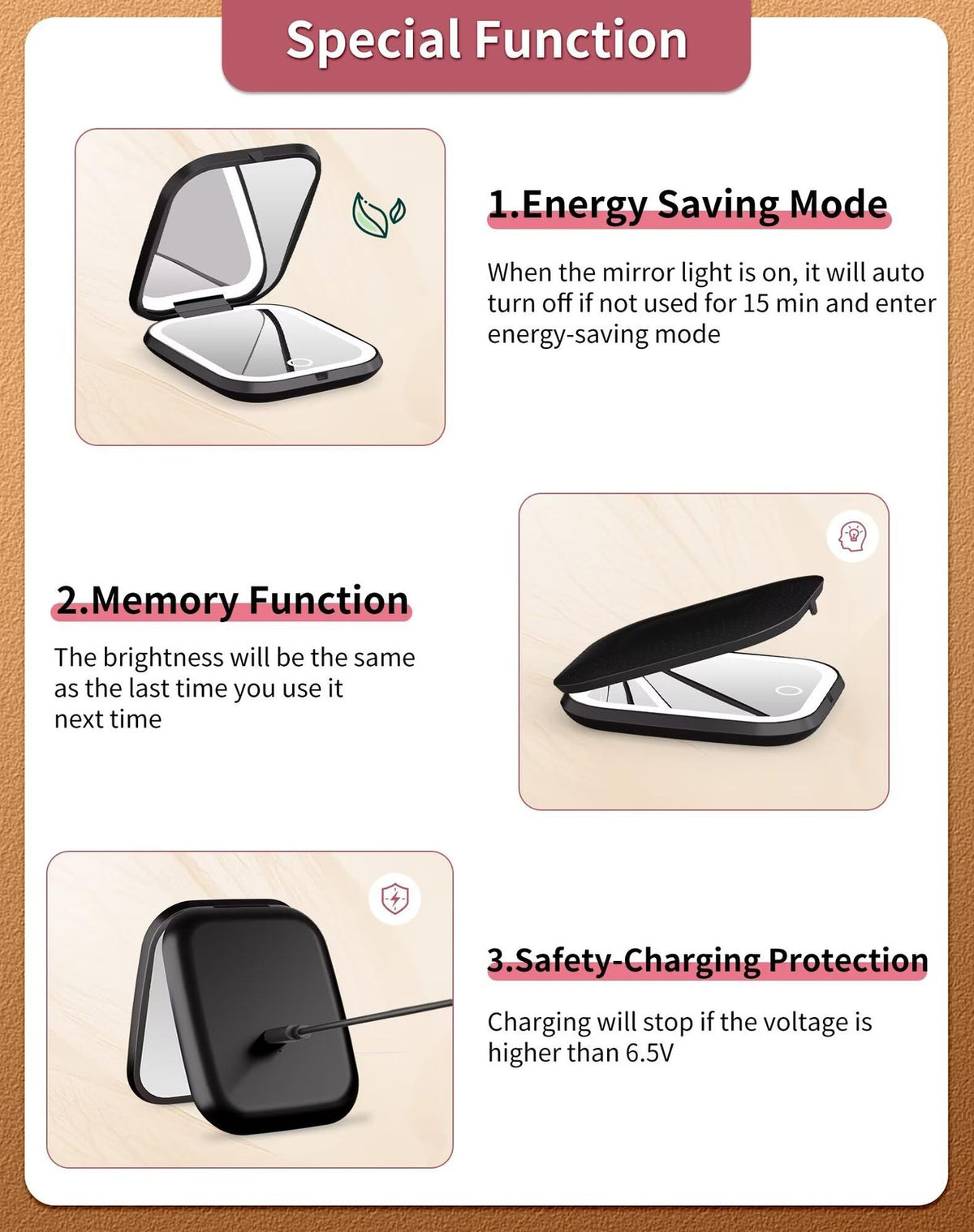 Rechargeable 5X Magnification LED Travel Makeup Mirror Dimmable Black