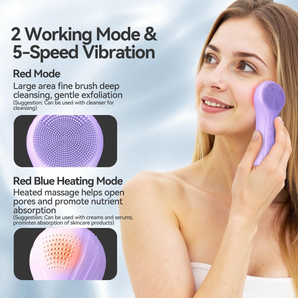 Electric Silicone Facial Cleansing Brush with Heating & Vibration – Waterproof Skin Care Tool
