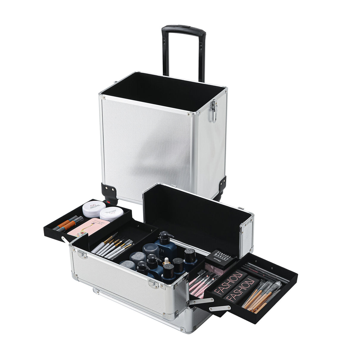 4-in-1 Aluminum Rolling Makeup Case with Draw-Bar Interchangeable Compartments