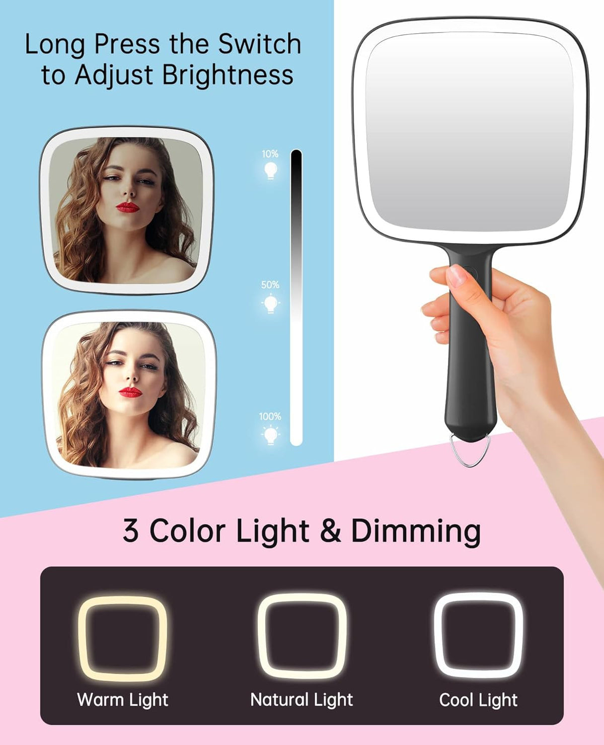 Lighted Hand Mirror with Dimmable 3 Light Colors - Portable & Lightweight