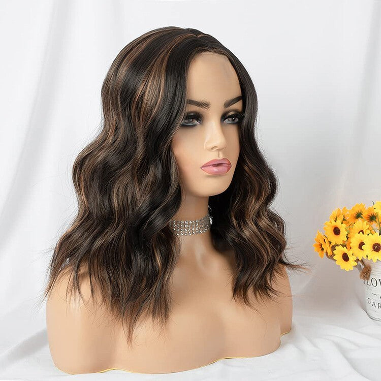 Women’s Curly Wavy Shoulder Length Wig - Black with Brown Highlights, Cosplay & Daily Wear